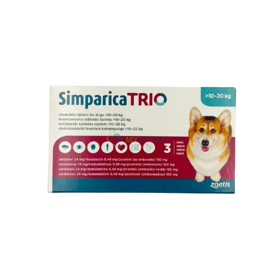 Simparica Trio Flea Tick Heartworm Prevention for Dogs 10 to 20Kg My Animal Dispensary